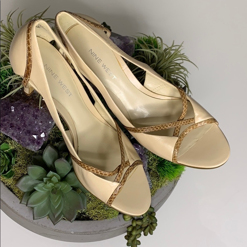 Nine West Cut Out Faux Croc Detail open toe heels neutral 8